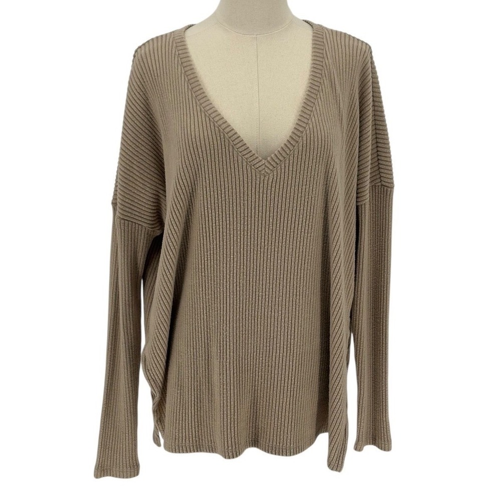 The Group Babaton V-Neck Ribbed Knit Sweater Tan Oversized 2